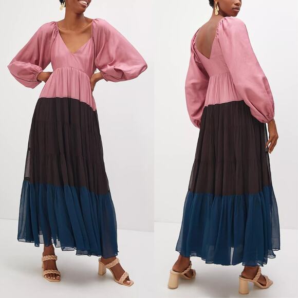 Nirmooha Anthropologie Long Puff-Sleeved Colorblocked Maxi Dress - Picture 1 of 14